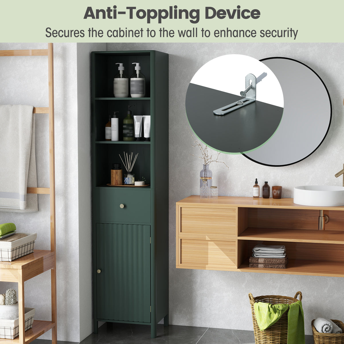 67" Tall Narrow Bathroom Cabinet with Fluted Door - Green-Floor Cabinets-DECOROLALA