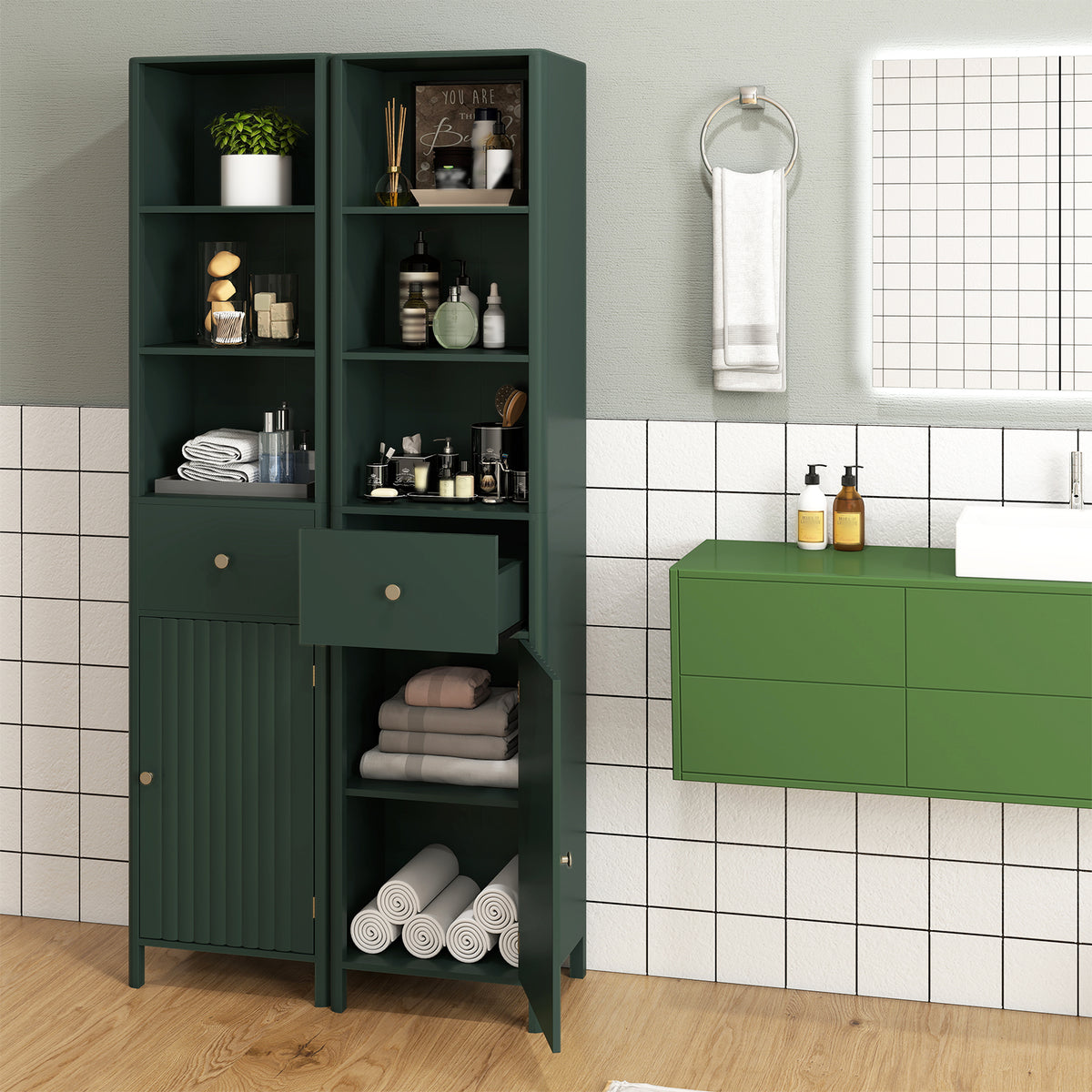 67" Tall Narrow Bathroom Cabinet with Fluted Door - Green-Floor Cabinets-DECOROLALA