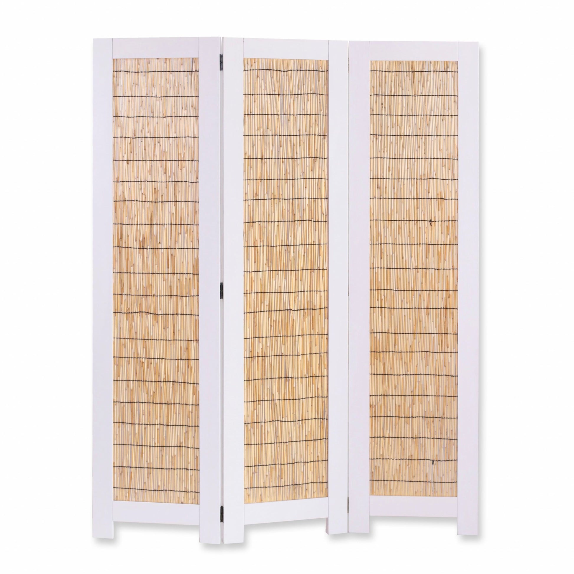 67" White and Natural Manufactured Wood Folding Three Panel Screen Room Divider-Room Dividers-DECOROLALA