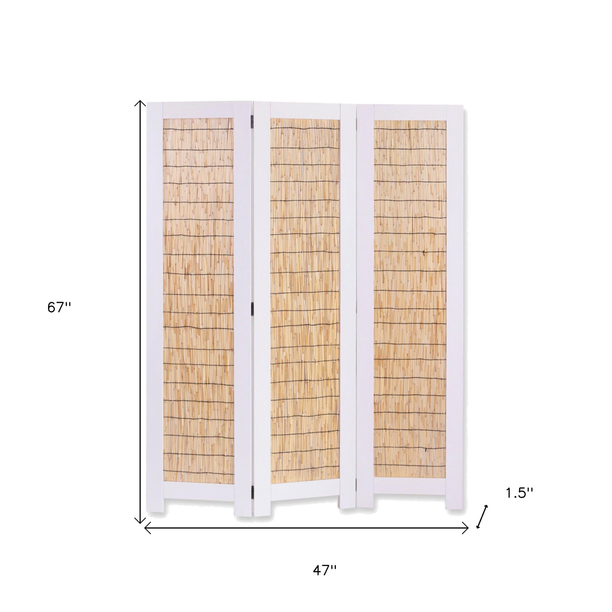 67" White and Natural Manufactured Wood Folding Three Panel Screen Room Divider-Room Dividers-DECOROLALA