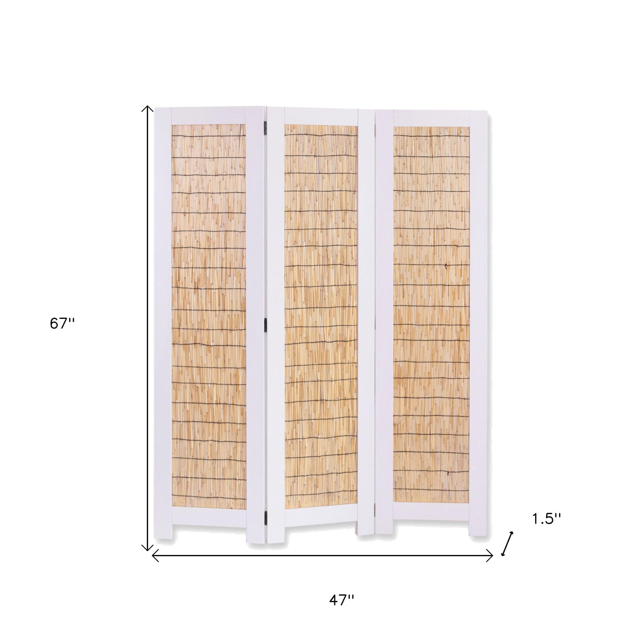 67" White and Natural Manufactured Wood Folding Three Panel Screen Room Divider-Room Dividers-DECOROLALA