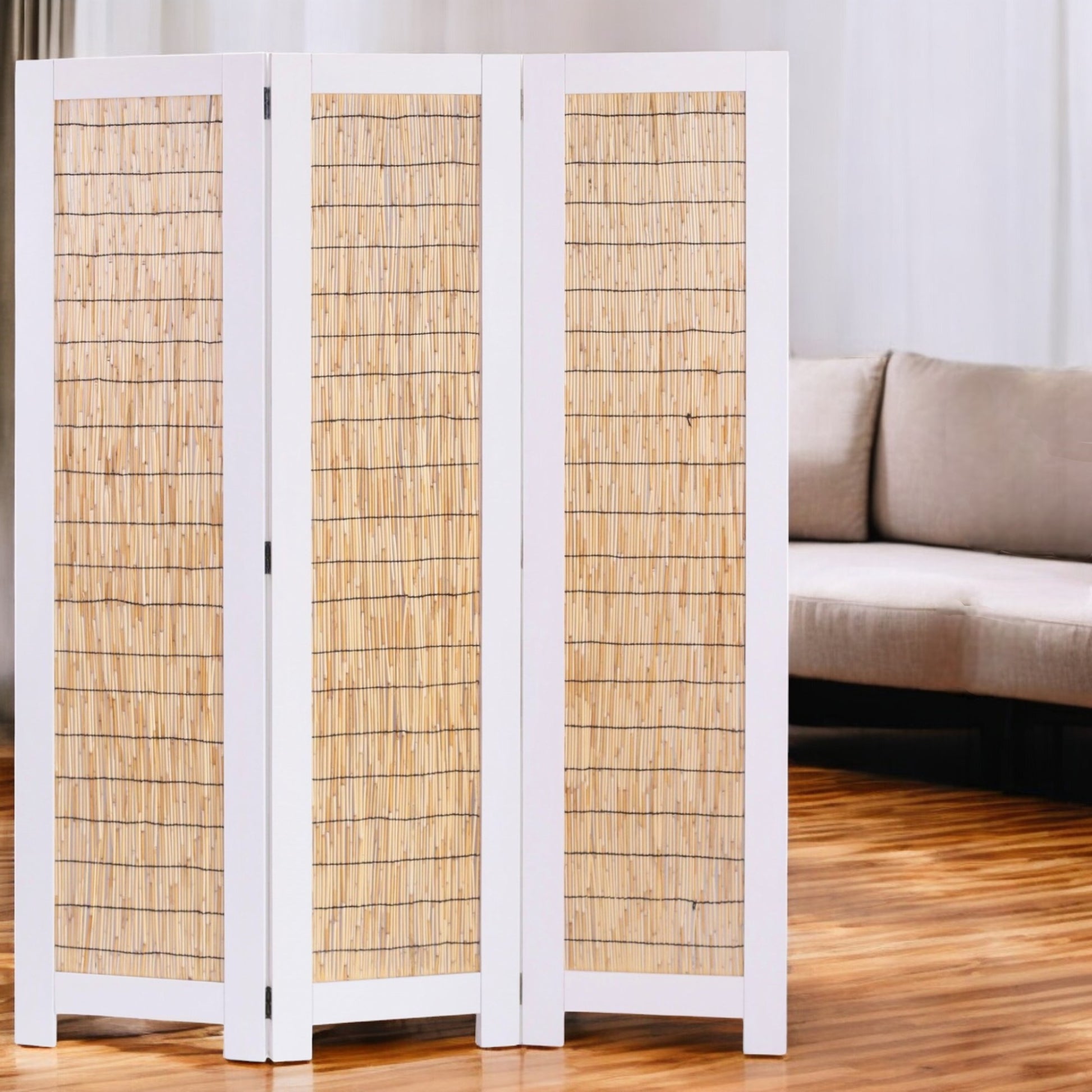 67" White and Natural Manufactured Wood Folding Three Panel Screen Room Divider-Room Dividers-DECOROLALA