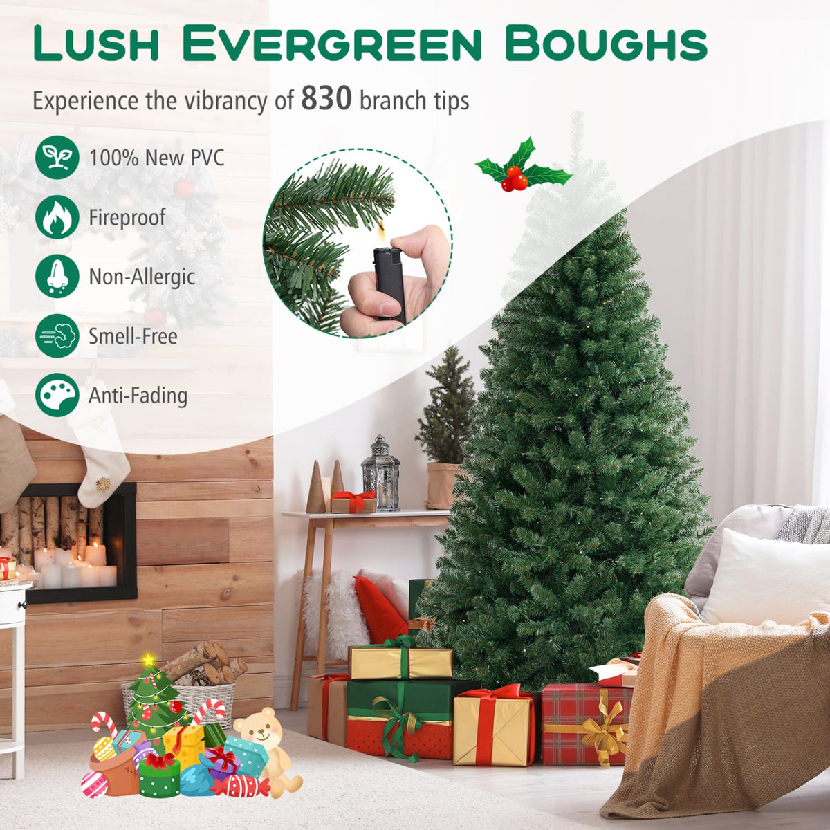 6/7/8 FT Artificial Christmas Tree with 568/830/1182 Branch Tips and 200/250/400 Warm White LED Lights-L-Christmas Trees-DECOROLALA