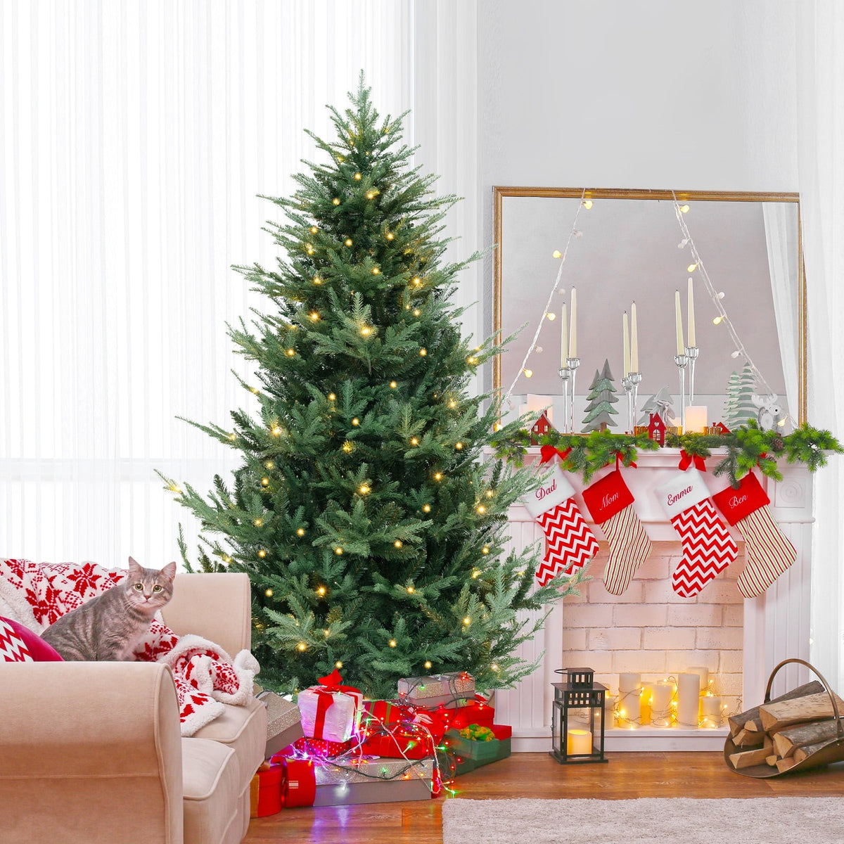 6/7/8 FT Pre-Lit Artificial Hinged Xmas Tree with 778/1480 PVC and PE Branch Tips-L-Christmas Trees-DECOROLALA