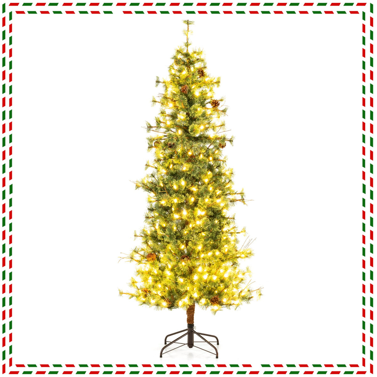6/7/8 Feet Artificial Christmas Tree Pre-lit Hinged Xmas Tree with Warm White LED Lights and Pine Cones-7ft-Christmas Trees-DECOROLALA
