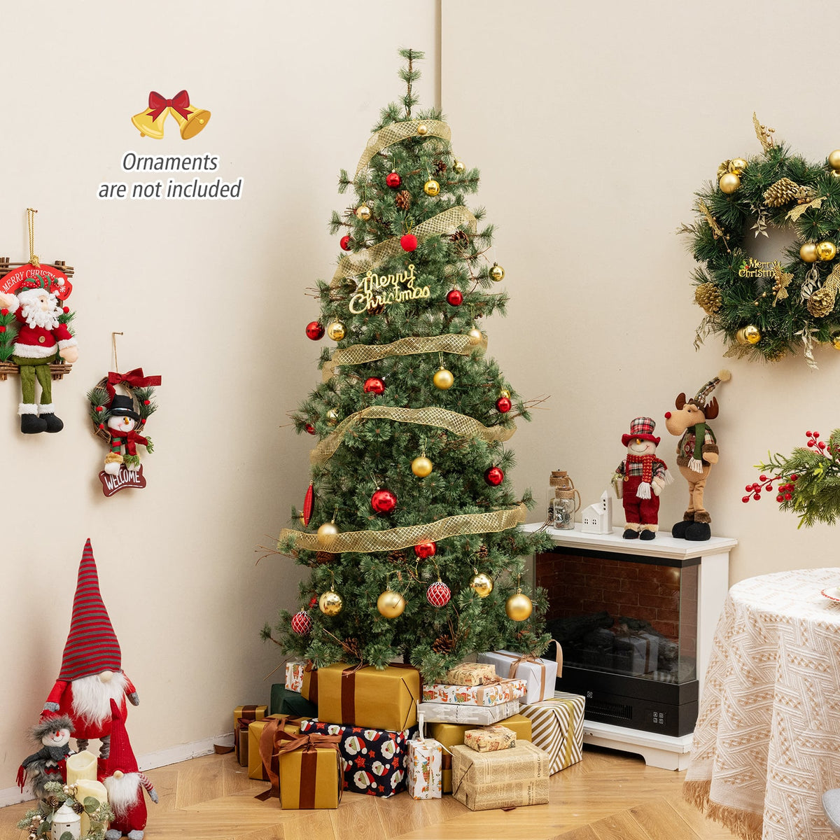 6/7/8 Feet Artificial Christmas Tree Pre-lit Hinged Xmas Tree with Warm White LED Lights and Pine Cones-7ft-Christmas Trees-DECOROLALA