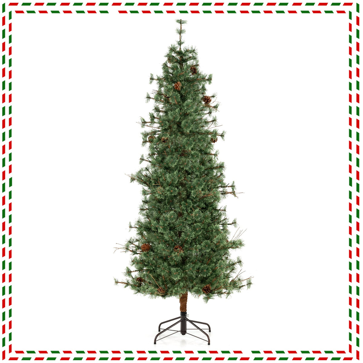 6/7/8 Feet Artificial Christmas Tree Pre-lit Hinged Xmas Tree with Warm White LED Lights and Pine Cones-7ft-Christmas Trees-DECOROLALA