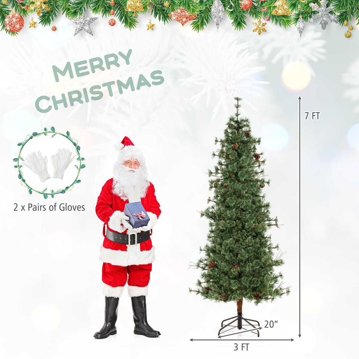 6/7/8 Feet Artificial Christmas Tree Pre-lit Hinged Xmas Tree with Warm White LED Lights and Pine Cones-7ft-Christmas Trees-DECOROLALA