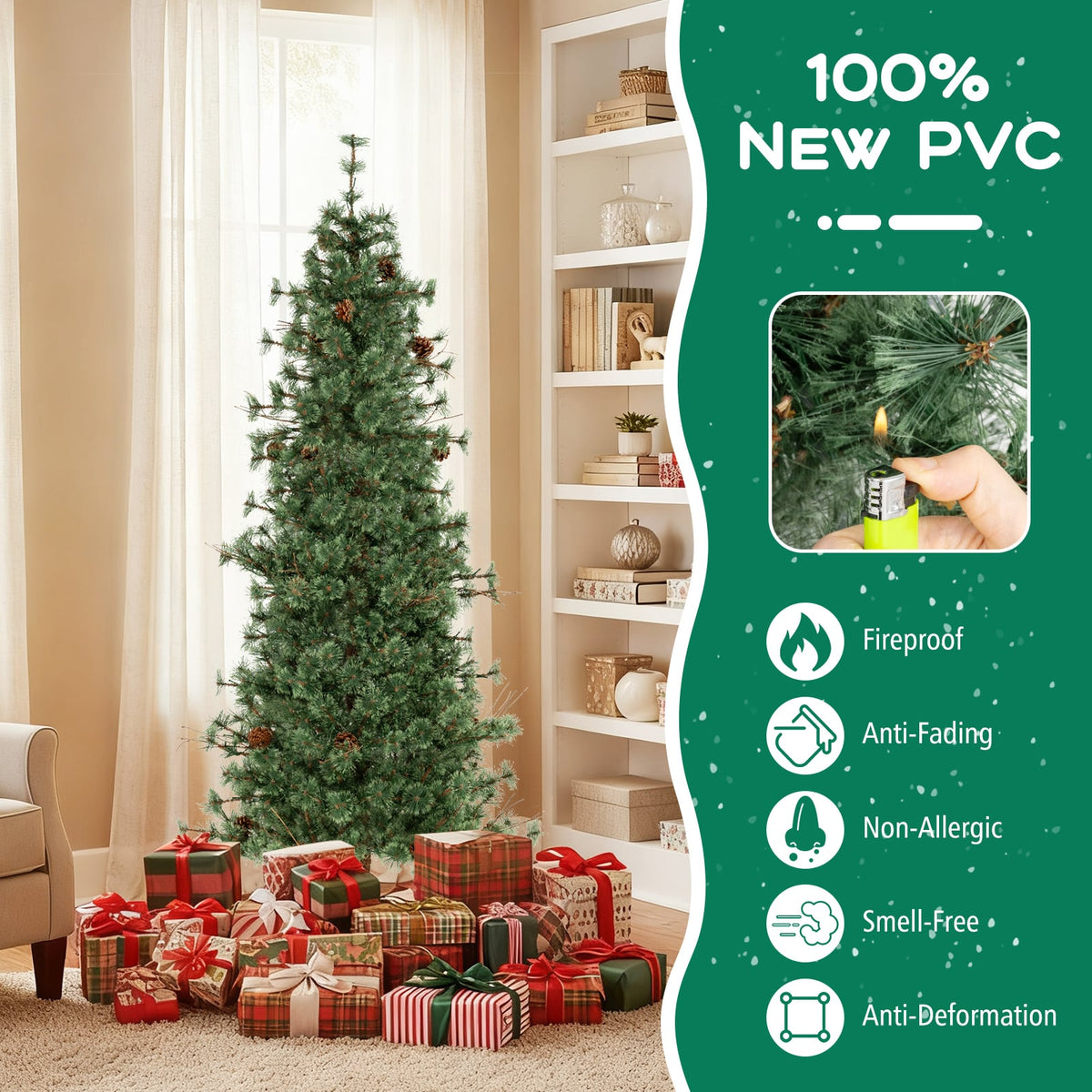 6/7/8 Feet Artificial Christmas Tree Pre-lit Hinged Xmas Tree with Warm White LED Lights and Pine Cones-7ft-Christmas Trees-DECOROLALA