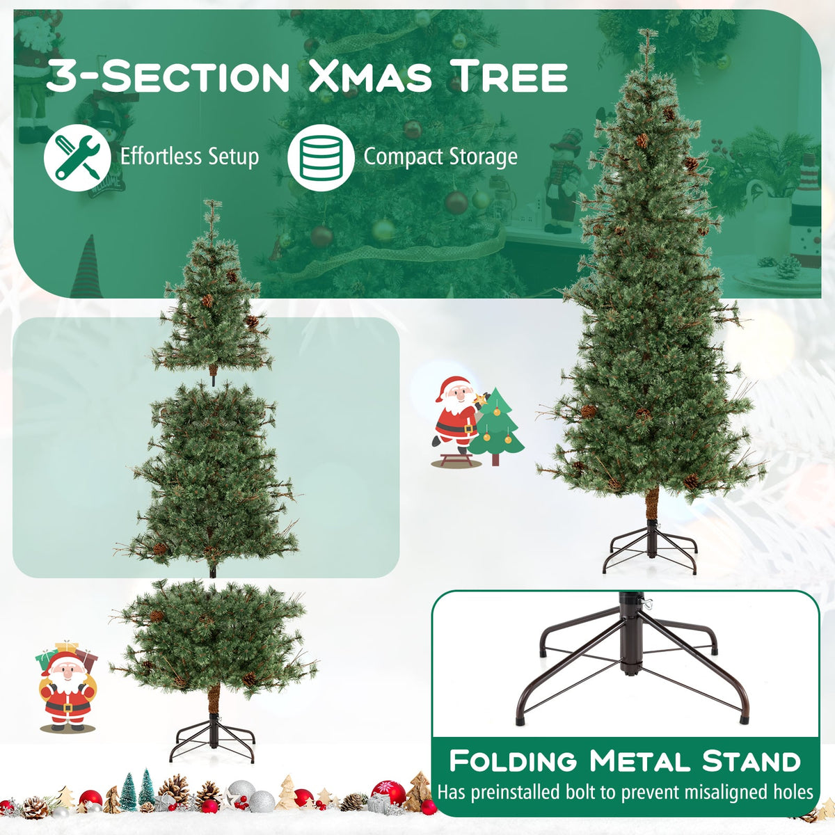 6/7/8 Feet Artificial Christmas Tree Pre-lit Hinged Xmas Tree with Warm White LED Lights and Pine Cones-7ft-Christmas Trees-DECOROLALA