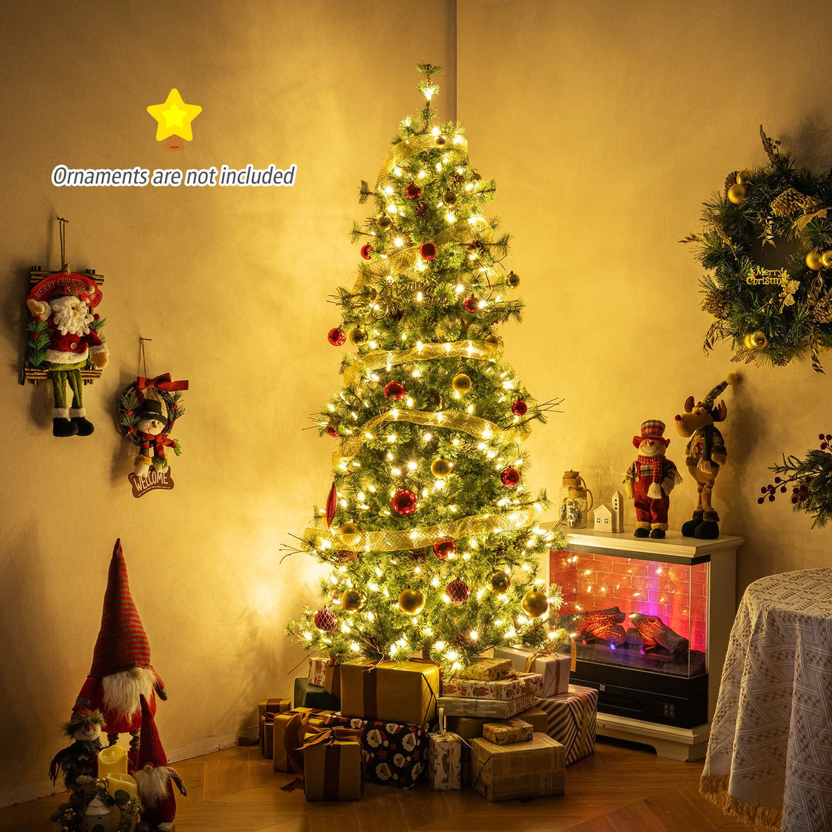 6/7/8 Feet Artificial Christmas Tree Pre-lit Hinged Xmas Tree with Warm White LED Lights and Pine Cones-7ft-Christmas Trees-DECOROLALA