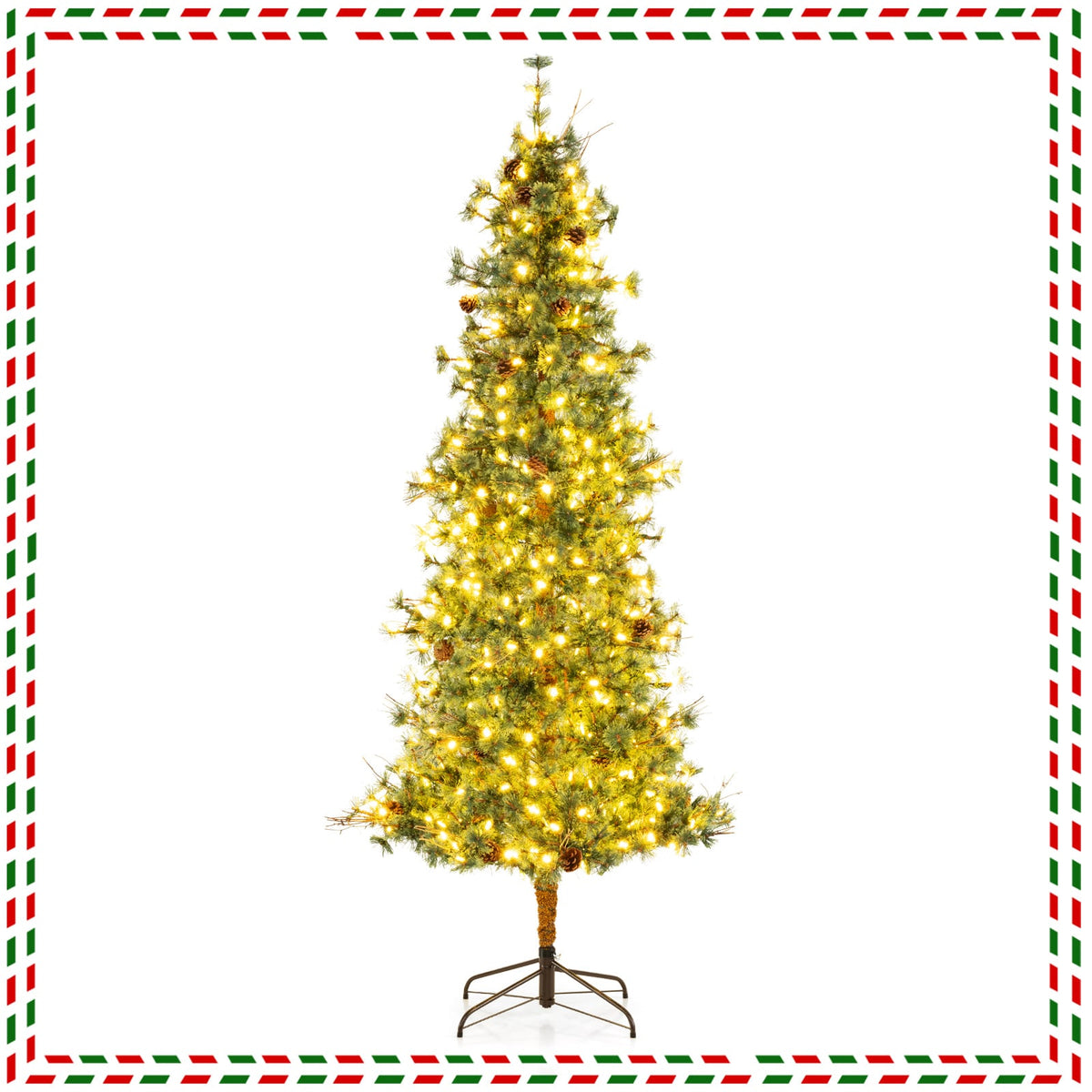 6/7/8 Feet Artificial Christmas Tree Pre-lit Hinged Xmas Tree with Warm White LED Lights and Pine Cones-8ft-Christmas Trees-DECOROLALA