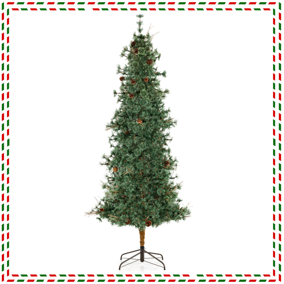 6/7/8 Feet Artificial Christmas Tree Pre-lit Hinged Xmas Tree with Warm White LED Lights and Pine Cones-8ft-Christmas Trees-DECOROLALA