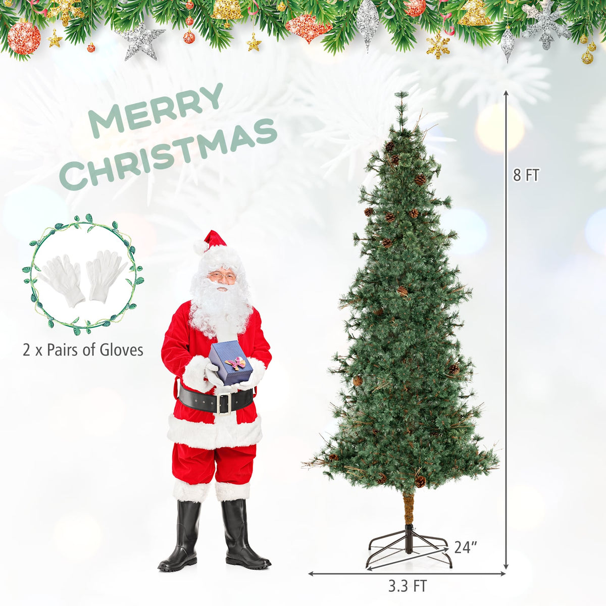 6/7/8 Feet Artificial Christmas Tree Pre-lit Hinged Xmas Tree with Warm White LED Lights and Pine Cones-8ft-Christmas Trees-DECOROLALA