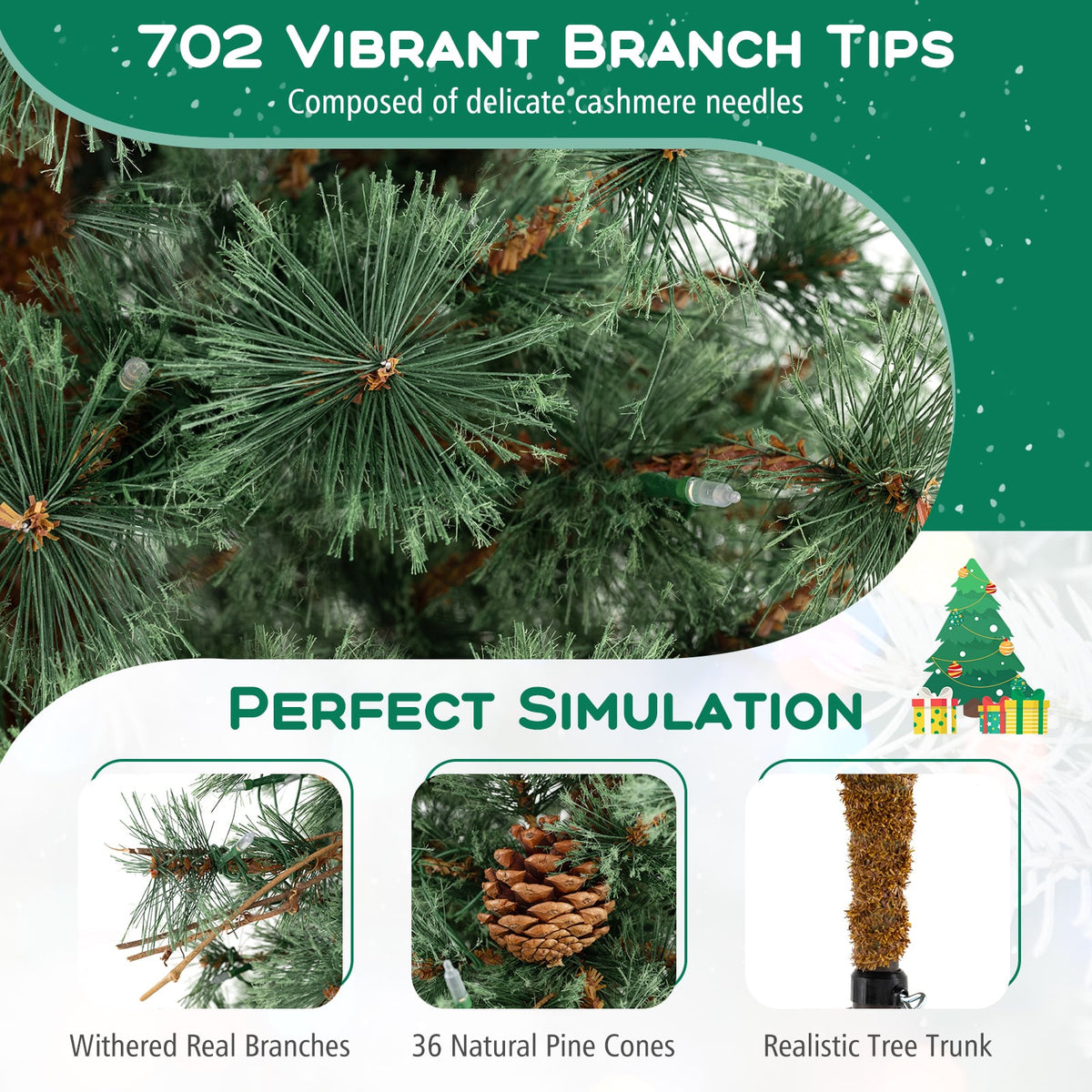6/7/8 Feet Artificial Christmas Tree Pre-lit Hinged Xmas Tree with Warm White LED Lights and Pine Cones-8ft-Christmas Trees-DECOROLALA