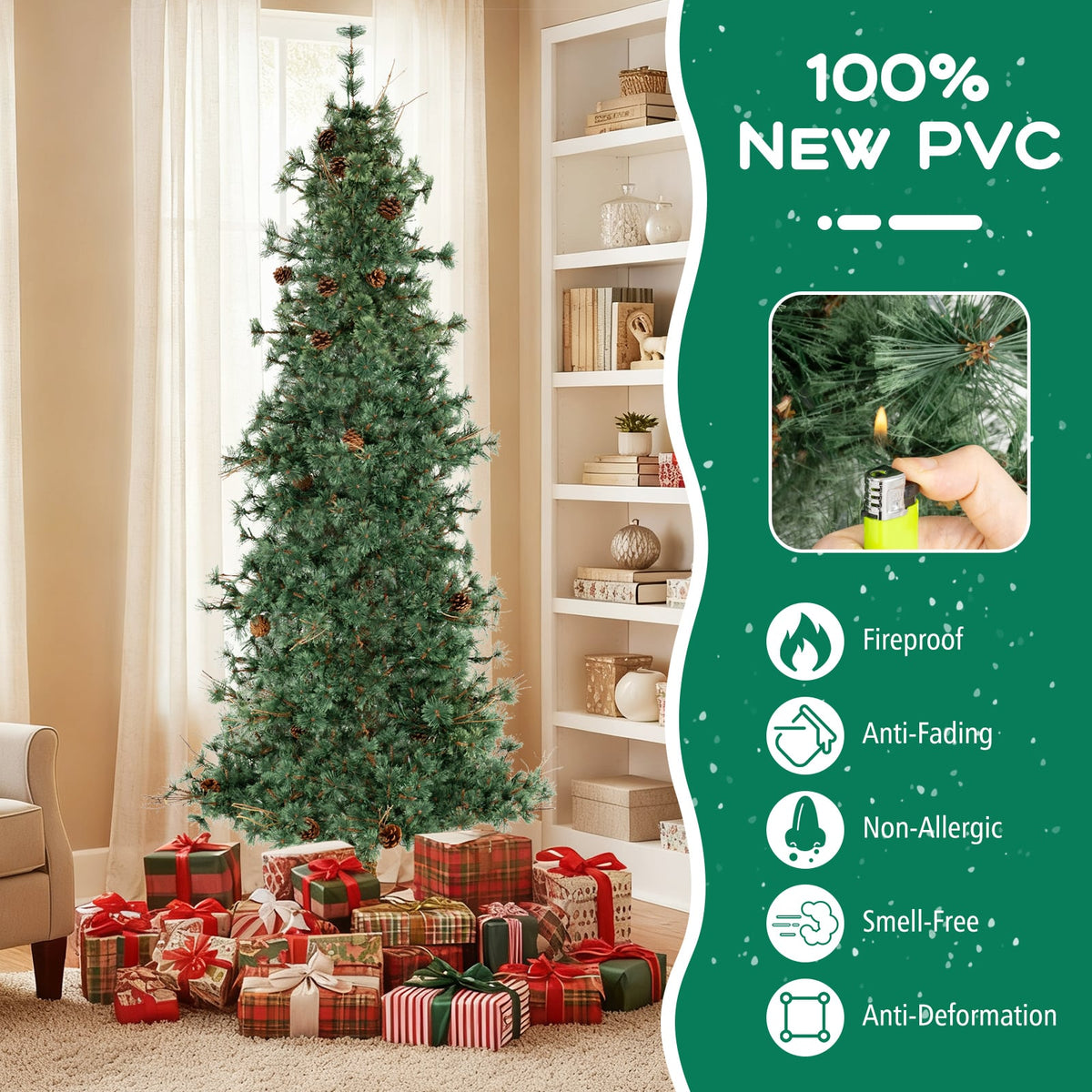 6/7/8 Feet Artificial Christmas Tree Pre-lit Hinged Xmas Tree with Warm White LED Lights and Pine Cones-8ft-Christmas Trees-DECOROLALA