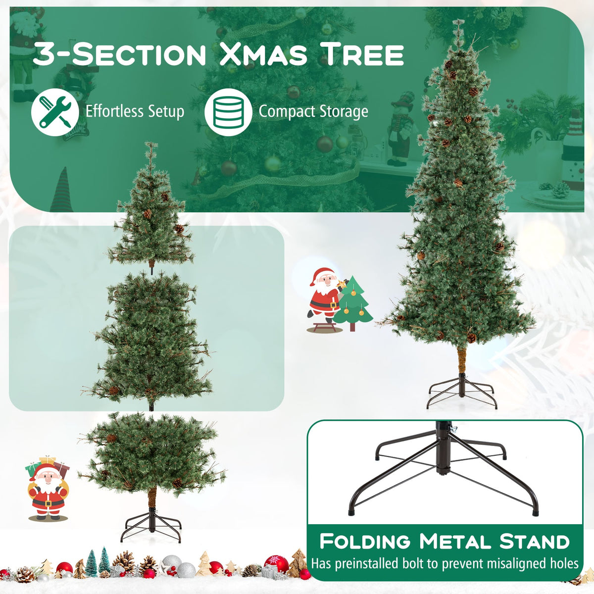 6/7/8 Feet Artificial Christmas Tree Pre-lit Hinged Xmas Tree with Warm White LED Lights and Pine Cones-8ft-Christmas Trees-DECOROLALA