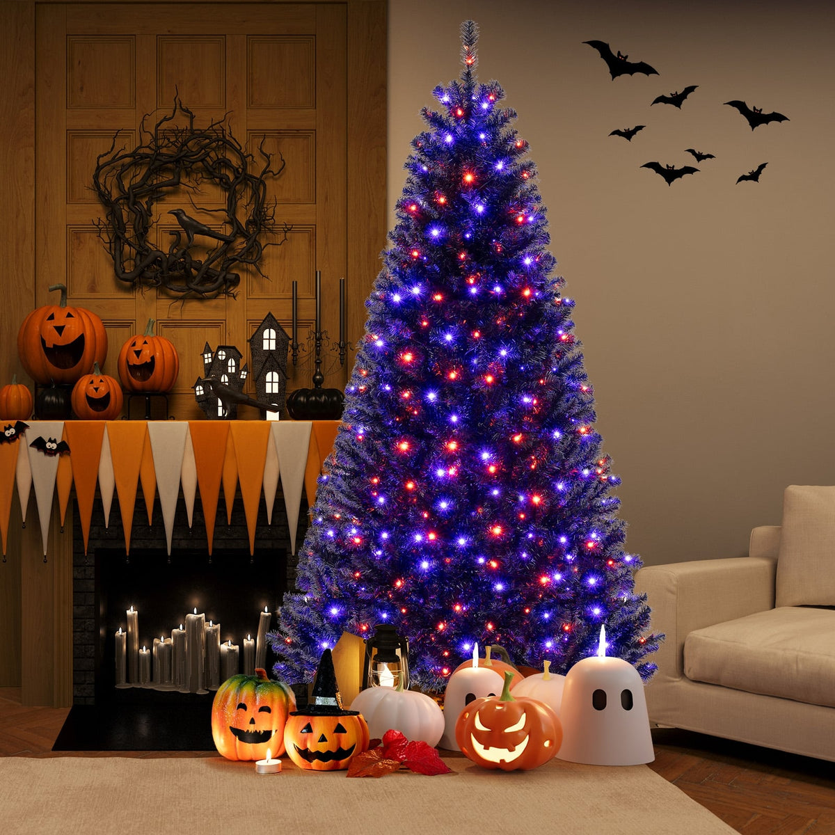 6/7/8 Feet Artificial Christmas Tree with 6 Lighting Modes and Spooky Sounds-7 ft-Christmas Trees-DECOROLALA