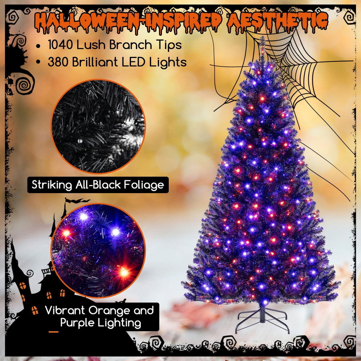 6/7/8 Feet Artificial Christmas Tree with 6 Lighting Modes and Spooky Sounds-7 ft-Christmas Trees-DECOROLALA