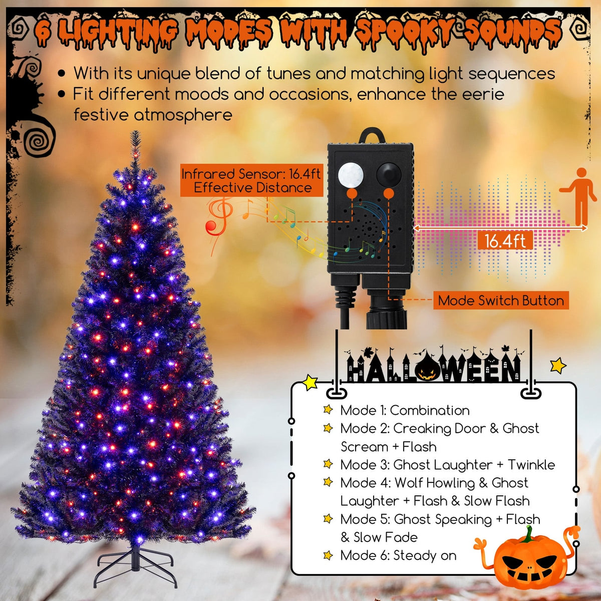 6/7/8 Feet Artificial Christmas Tree with 6 Lighting Modes and Spooky Sounds-7 ft-Christmas Trees-DECOROLALA