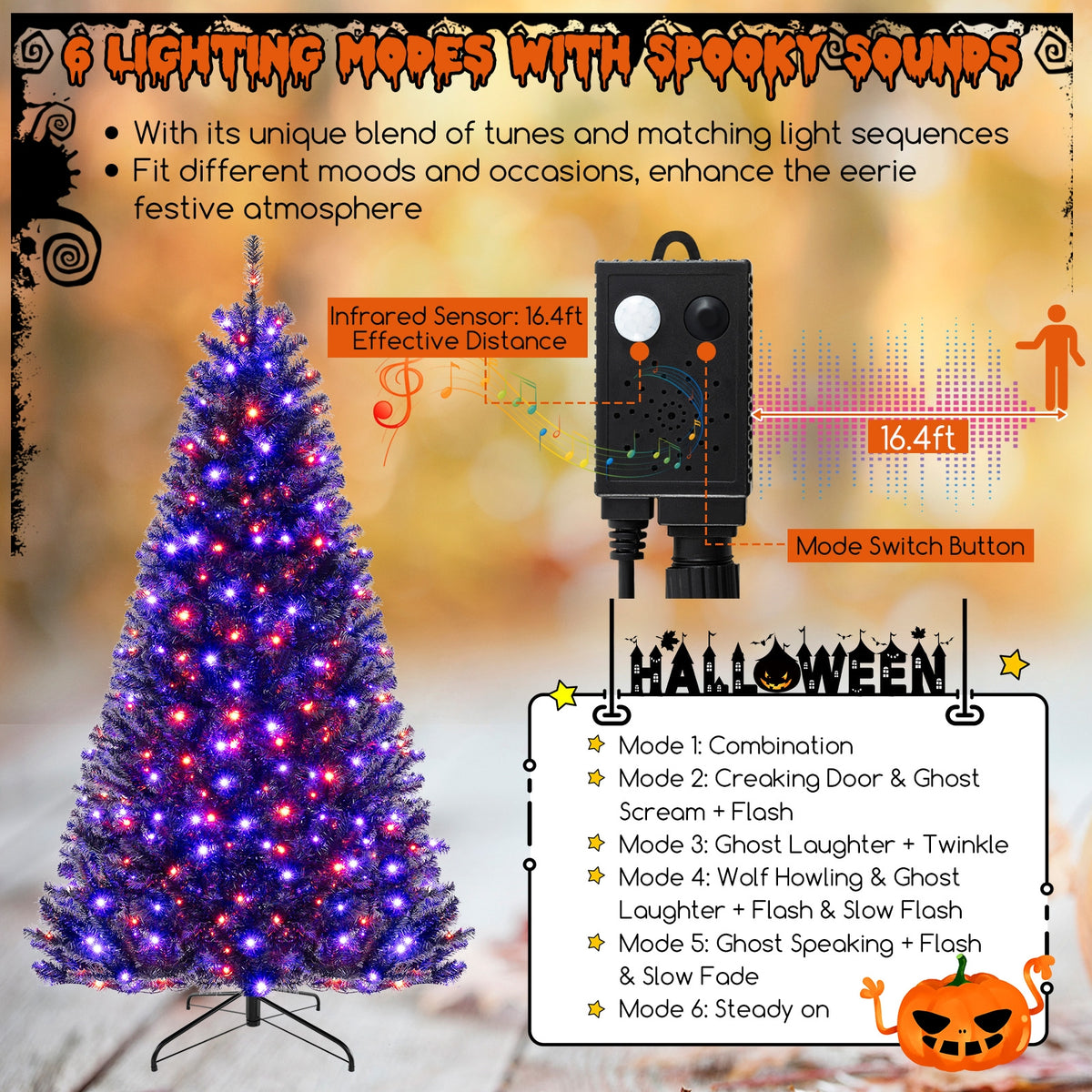 6/7/8 Feet Artificial Christmas Tree with 6 Lighting Modes and Spooky Sounds-L-Christmas Trees-DECOROLALA