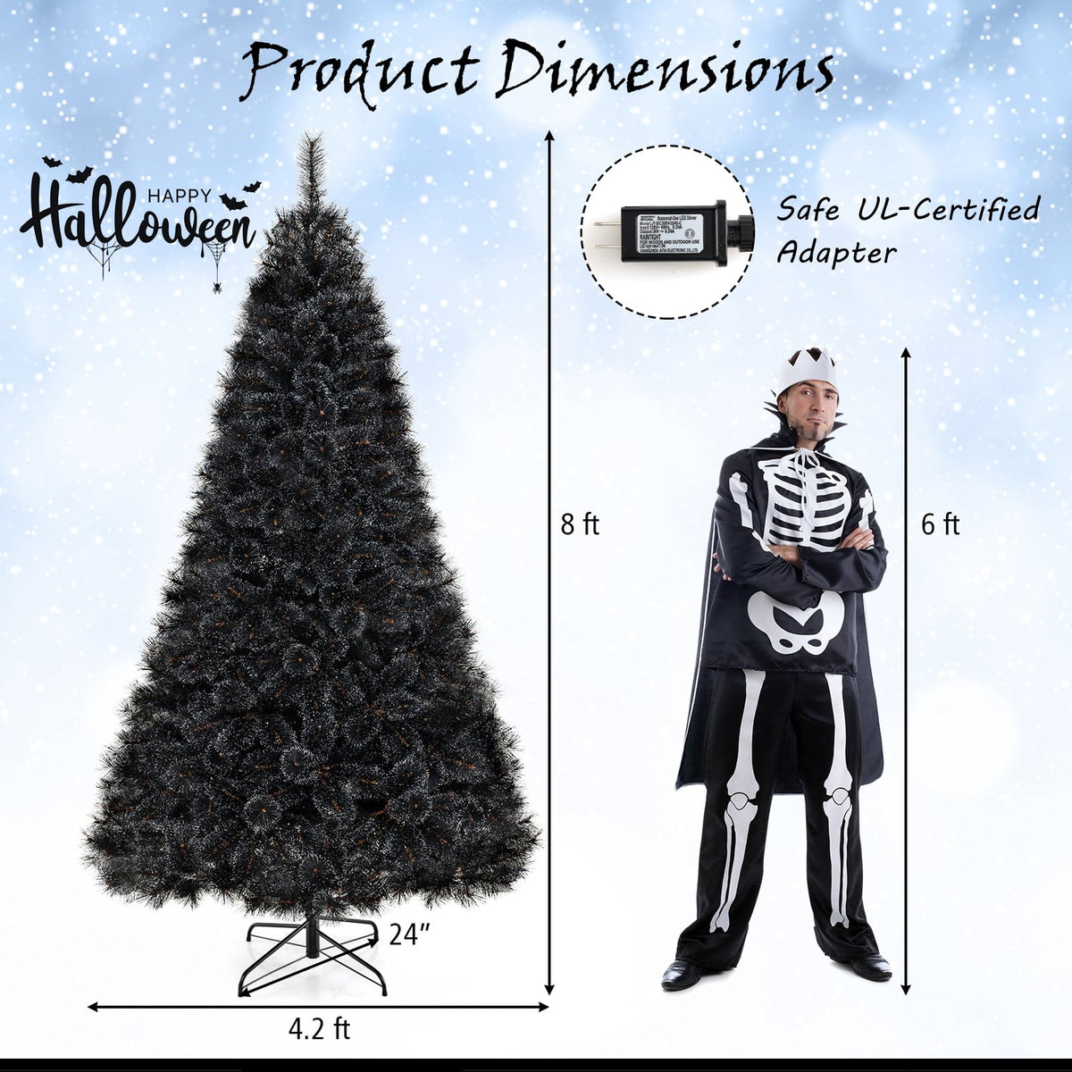 6/7/8 Feet Black Artificial Halloween Christmas Tree with PVC Branch Tips and 210/320/450 Cool White LED Lights-L-Christmas Trees-DECOROLALA
