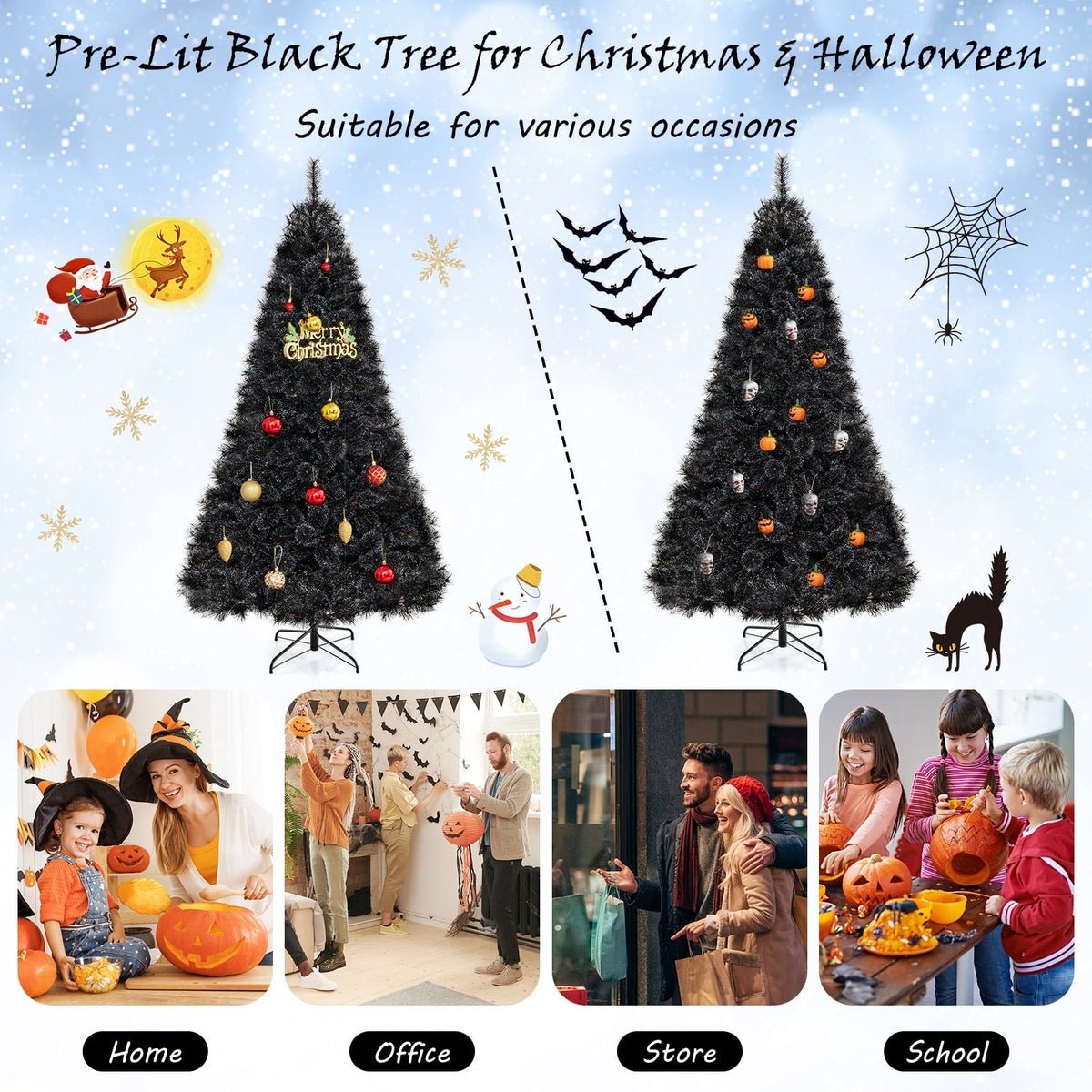 6/7/8 Feet Black Artificial Halloween Christmas Tree with PVC Branch Tips and 210/320/450 Cool White LED Lights-L-Christmas Trees-DECOROLALA