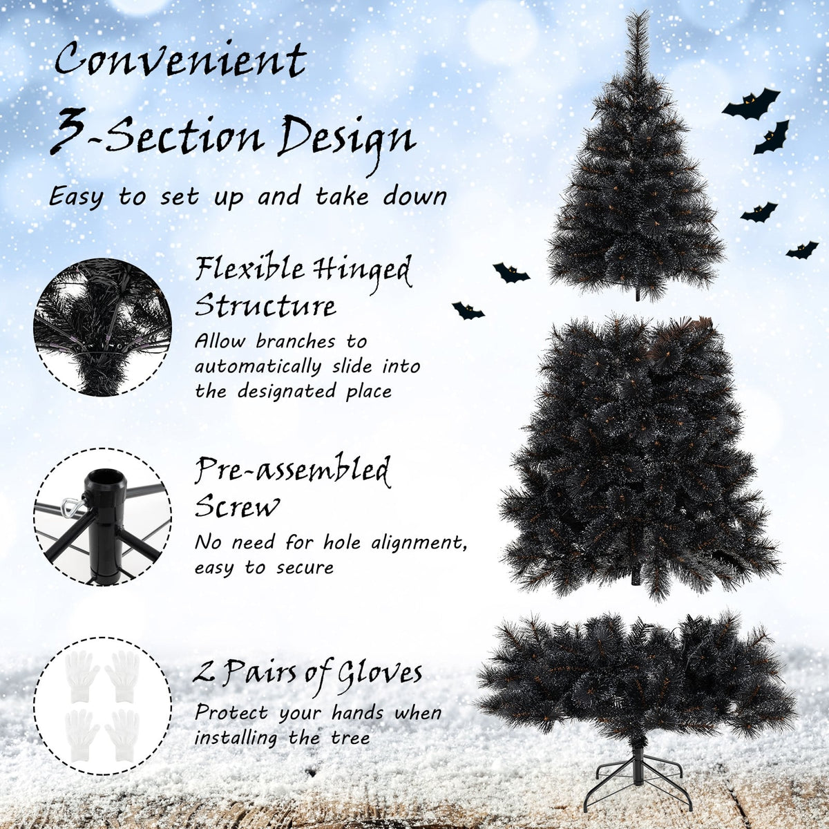 6/7/8 Feet Black Artificial Halloween Christmas Tree with PVC Branch Tips and 210/320/450 Cool White LED Lights-L-Christmas Trees-DECOROLALA