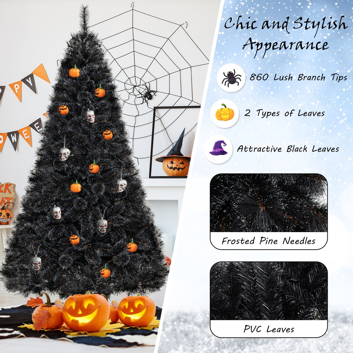 6/7/8 Feet Black Artificial Halloween Christmas Tree with PVC Branch Tips and 210/320/450 Cool White LED Lights-L-Christmas Trees-DECOROLALA