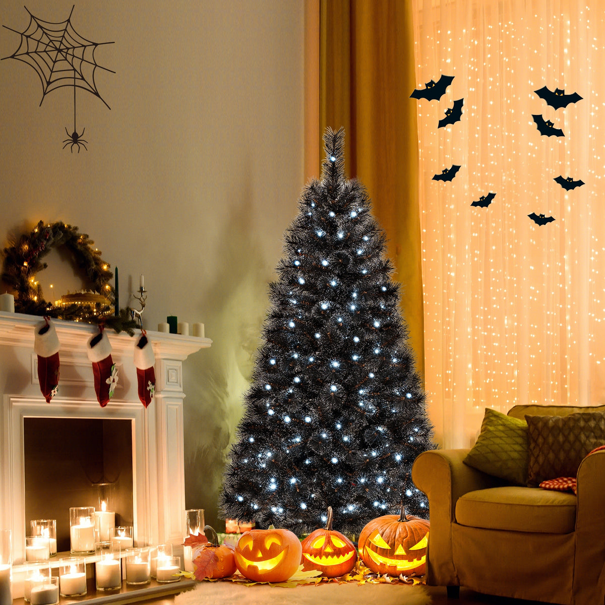 6/7/8 Feet Black Artificial Halloween Christmas Tree with PVC Branch Tips and 210/320/450 Cool White LED Lights-S-Christmas Trees-DECOROLALA