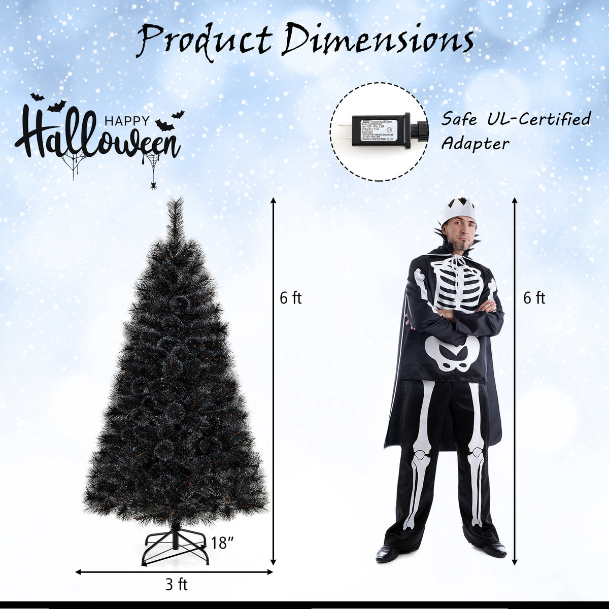 6/7/8 Feet Black Artificial Halloween Christmas Tree with PVC Branch Tips and 210/320/450 Cool White LED Lights-S-Christmas Trees-DECOROLALA