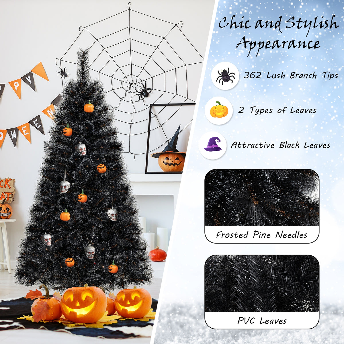 6/7/8 Feet Black Artificial Halloween Christmas Tree with PVC Branch Tips and 210/320/450 Cool White LED Lights-S-Christmas Trees-DECOROLALA
