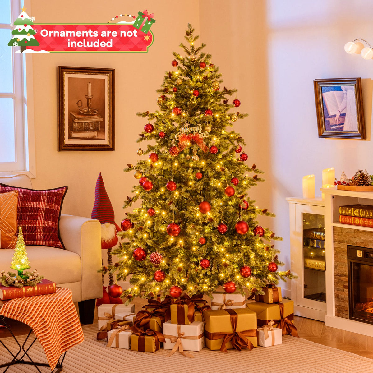 6/7/8 Feet Christmas Tree with Warm White LED Lights and Pine Cones-6 ft-Christmas Trees-DECOROLALA
