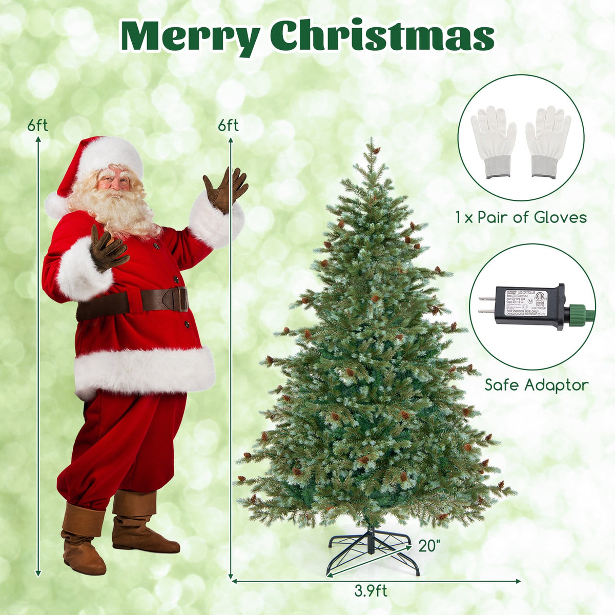 6/7/8 Feet Christmas Tree with Warm White LED Lights and Pine Cones-6 ft-Christmas Trees-DECOROLALA
