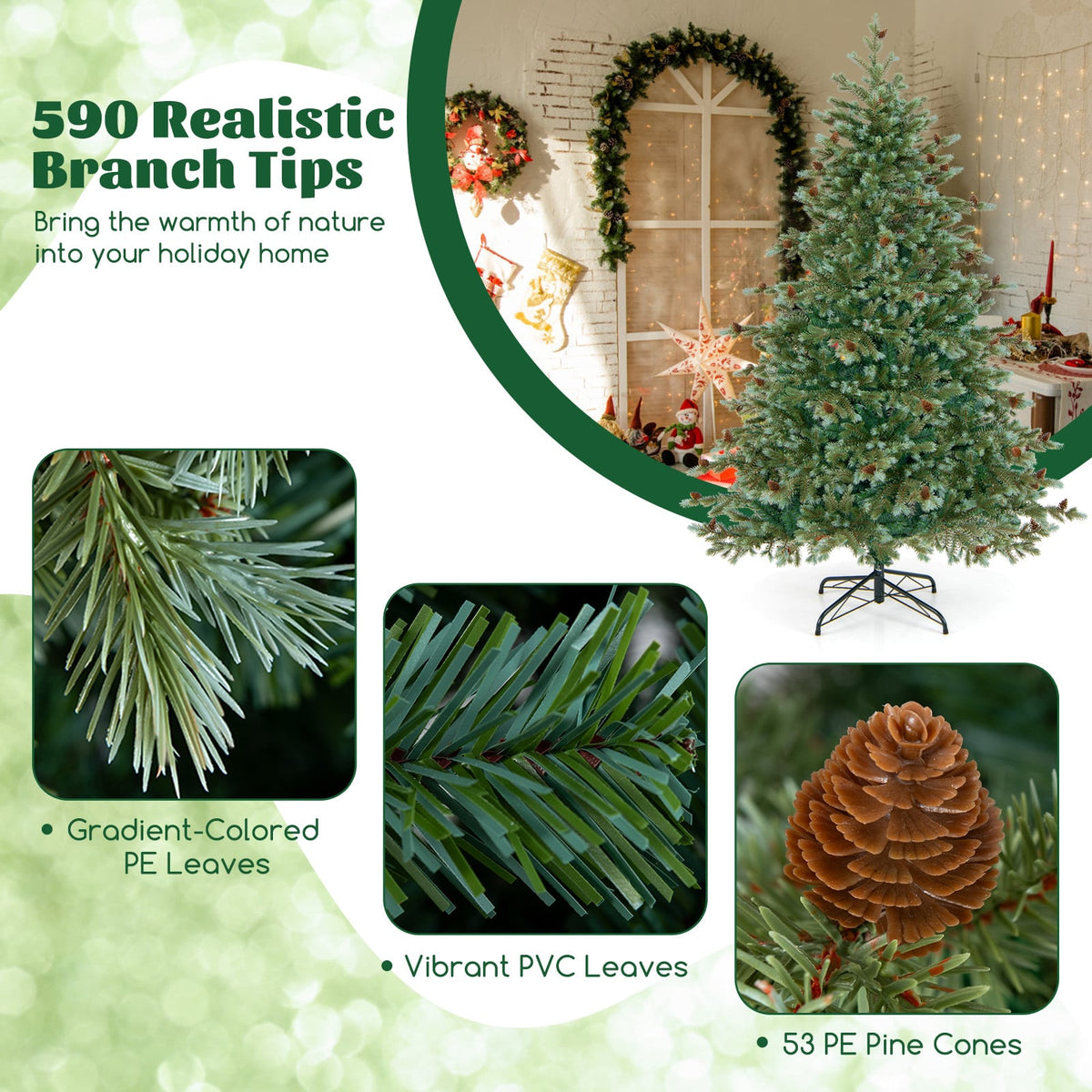 6/7/8 Feet Christmas Tree with Warm White LED Lights and Pine Cones-6 ft-Christmas Trees-DECOROLALA