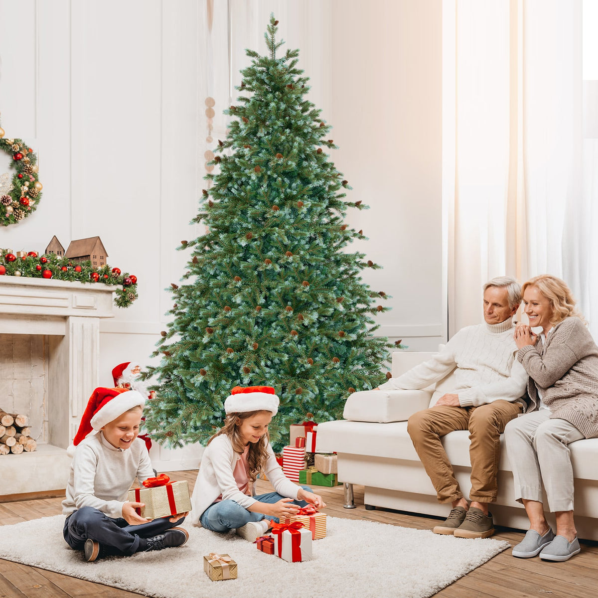6/7/8 Feet Christmas Tree with Warm White LED Lights and Pine Cones-7 ft-Christmas Trees-DECOROLALA