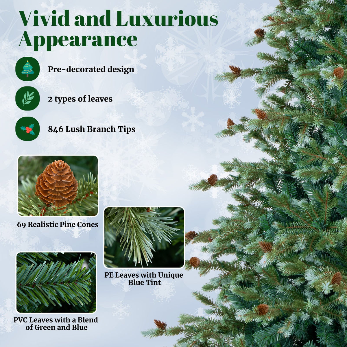 6/7/8 Feet Christmas Tree with Warm White LED Lights and Pine Cones-7 ft-Christmas Trees-DECOROLALA