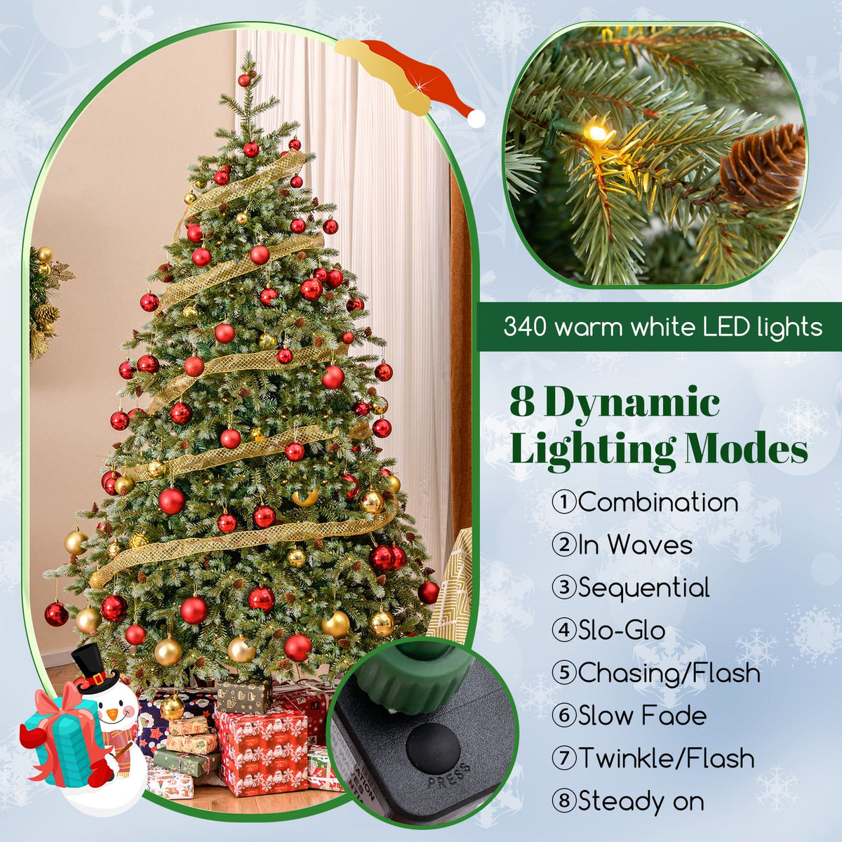 6/7/8 Feet Christmas Tree with Warm White LED Lights and Pine Cones-7 ft-Christmas Trees-DECOROLALA