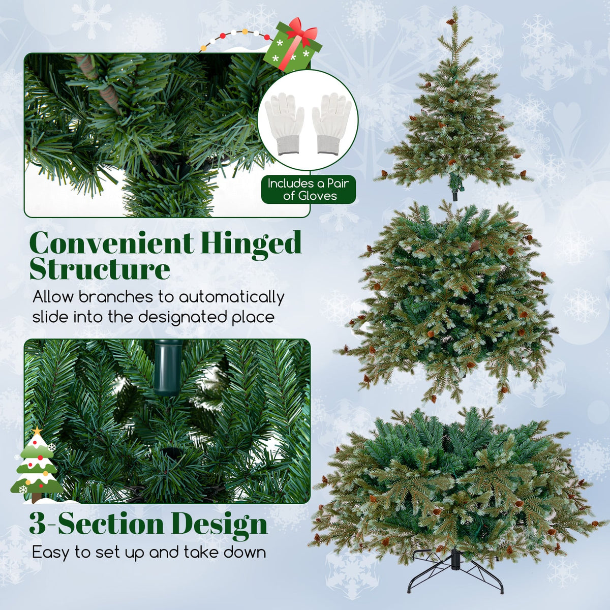 6/7/8 Feet Christmas Tree with Warm White LED Lights and Pine Cones-7 ft-Christmas Trees-DECOROLALA