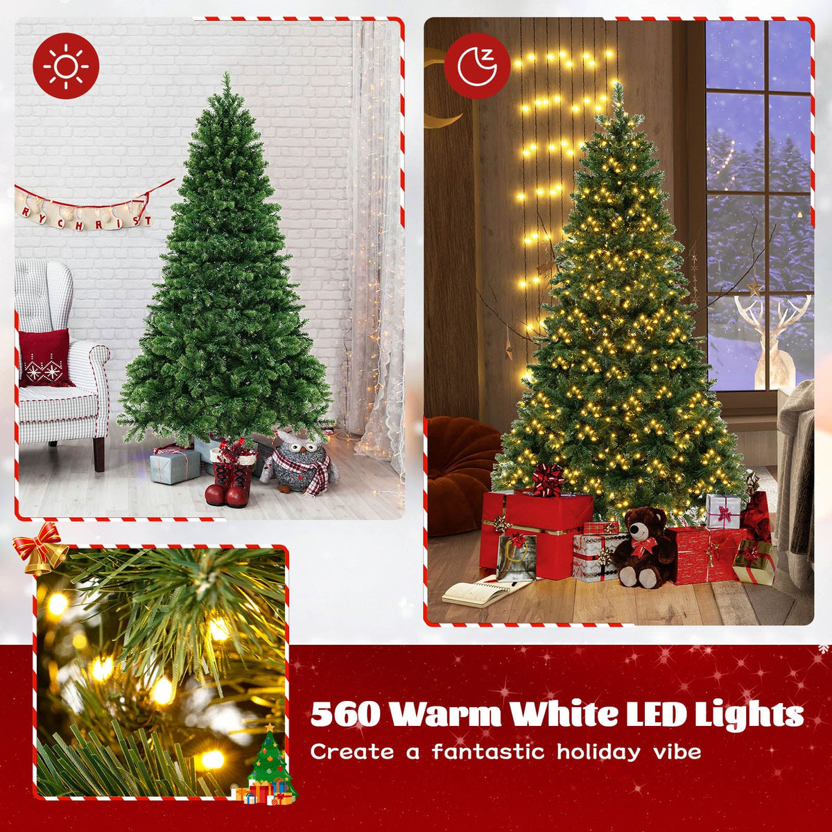 6/7/8 Feet Hinged Christmas Tree with PVC Branch Tips Warm White LED Lights-6 ft-Christmas Trees-DECOROLALA