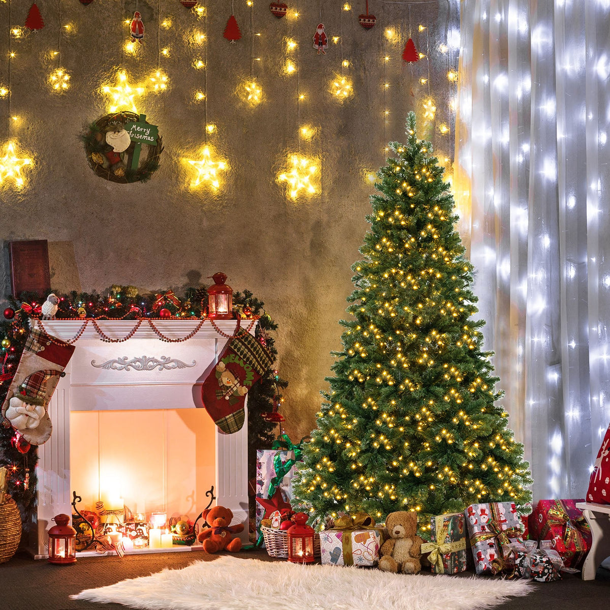 6/7/8 Feet Hinged Christmas Tree with PVC Branch Tips Warm White LED Lights-6 ft-Christmas Trees-DECOROLALA