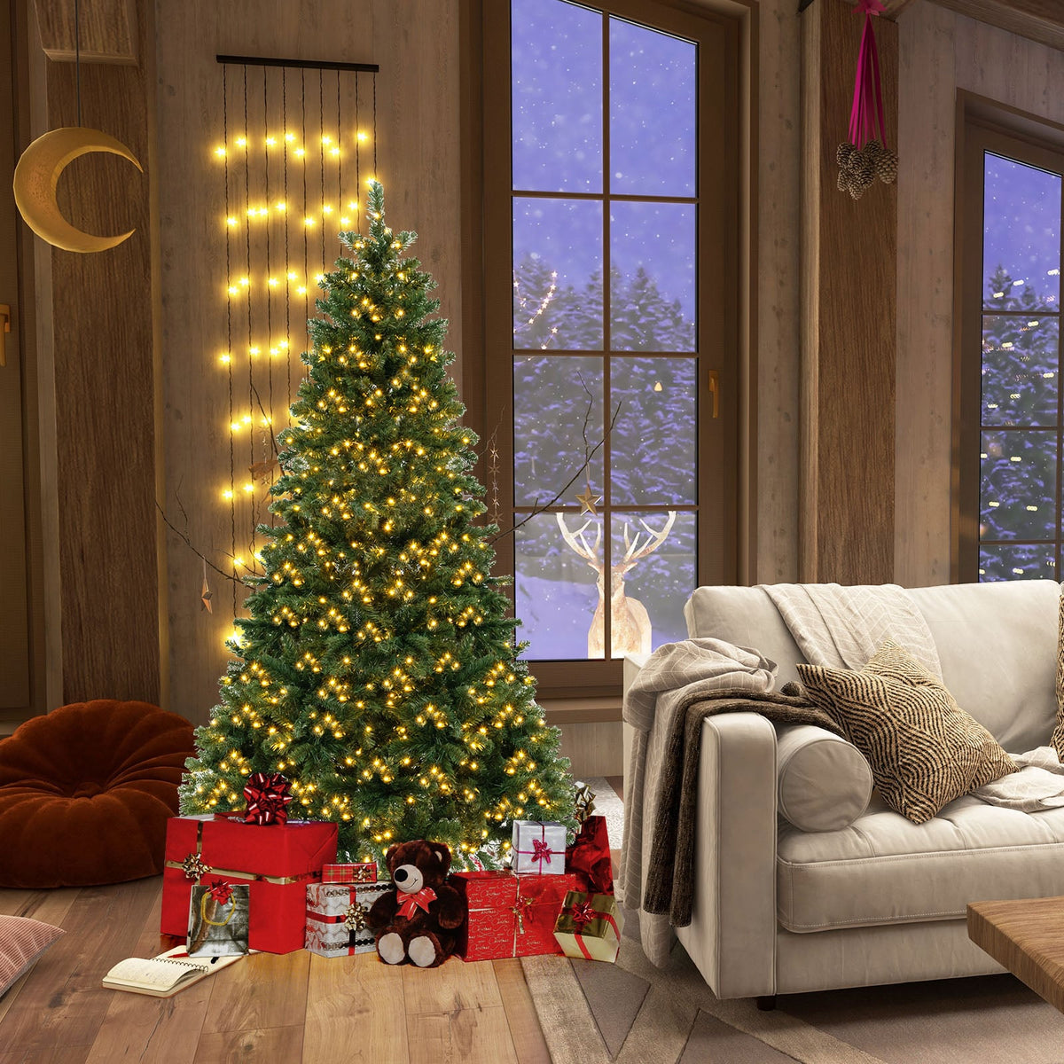 6/7/8 Feet Hinged Christmas Tree with PVC Branch Tips Warm White LED Lights-7 ft-Christmas Trees-DECOROLALA
