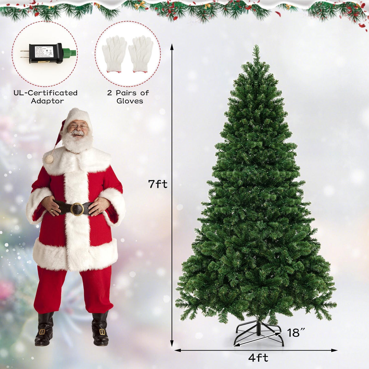 6/7/8 Feet Hinged Christmas Tree with PVC Branch Tips Warm White LED Lights-7 ft-Christmas Trees-DECOROLALA