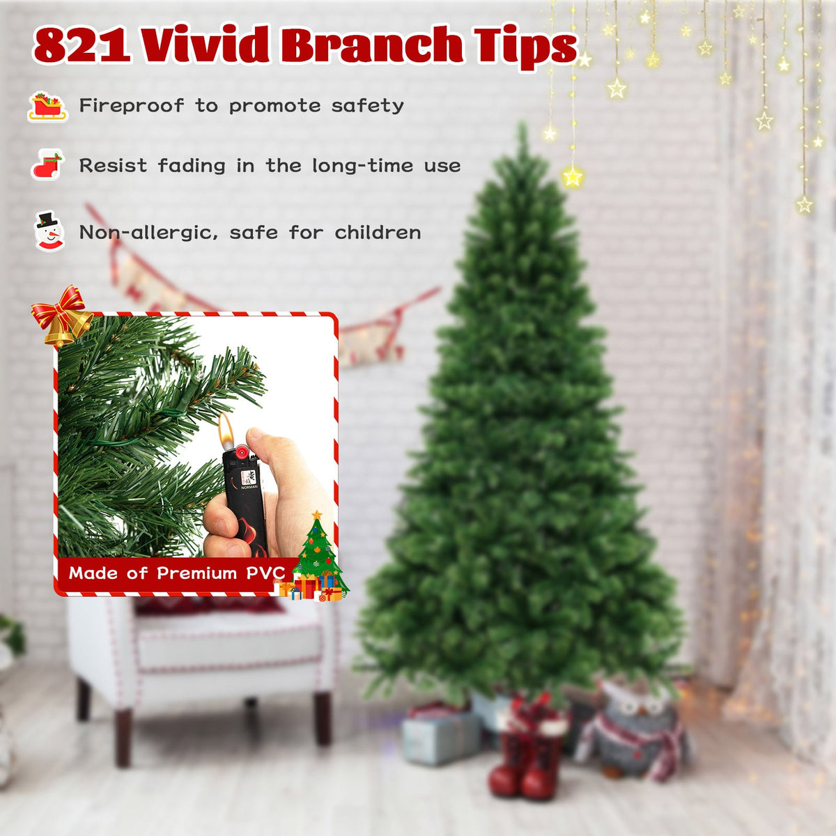 6/7/8 Feet Hinged Christmas Tree with PVC Branch Tips Warm White LED Lights-7 ft-Christmas Trees-DECOROLALA