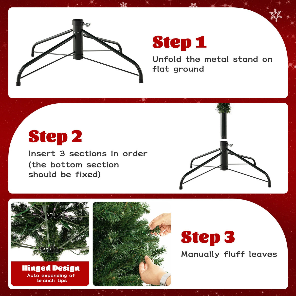 6/7/8 Feet Hinged Christmas Tree with PVC Branch Tips Warm White LED Lights-7 ft-Christmas Trees-DECOROLALA