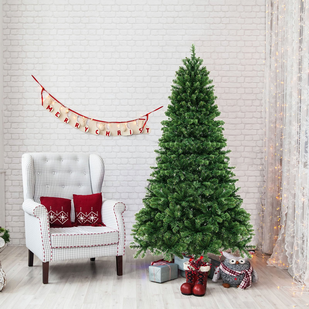 6/7/8 Feet Hinged Christmas Tree with PVC Branch Tips Warm White LED Lights-7 ft-Christmas Trees-DECOROLALA