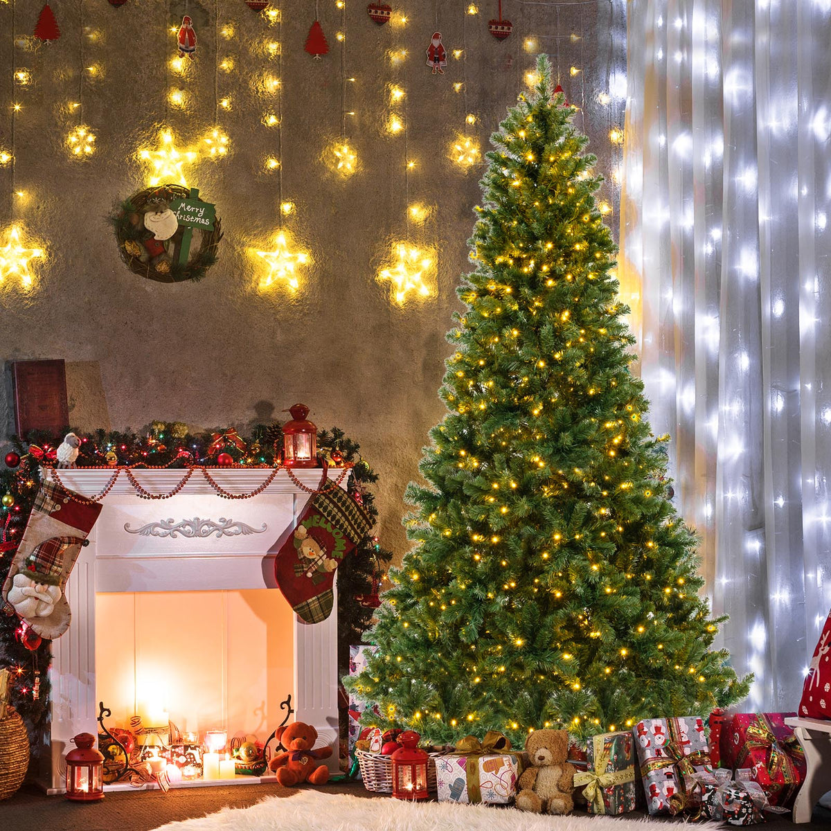 6/7/8 Feet Hinged Christmas Tree with PVC Branch Tips Warm White LED Lights-8 ft-Christmas Trees-DECOROLALA
