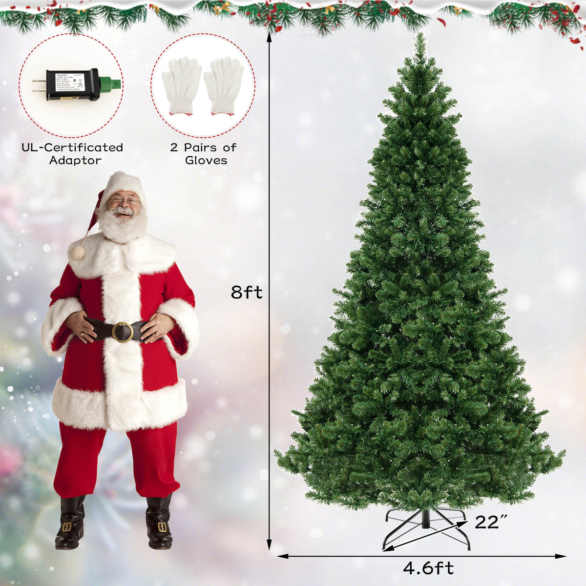6/7/8 Feet Hinged Christmas Tree with PVC Branch Tips Warm White LED Lights-8 ft-Christmas Trees-DECOROLALA