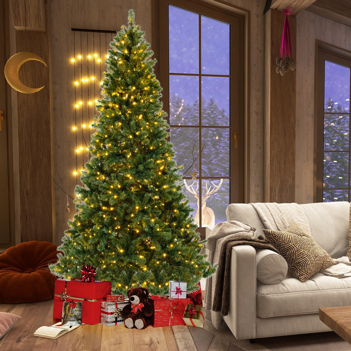6/7/8 Feet Hinged Christmas Tree with PVC Branch Tips Warm White LED Lights-8 ft-Christmas Trees-DECOROLALA