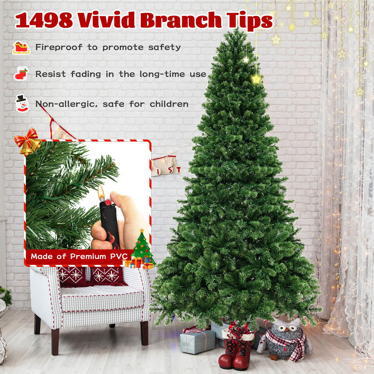 6/7/8 Feet Hinged Christmas Tree with PVC Branch Tips Warm White LED Lights-8 ft-Christmas Trees-DECOROLALA